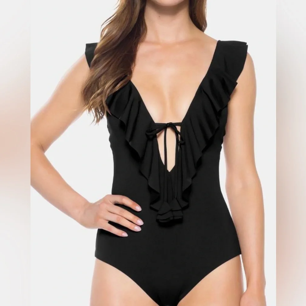 NWOT Becca by Rebecca Virtue Socialite Ruffled Plunging VNeck One Piece Swimsuit